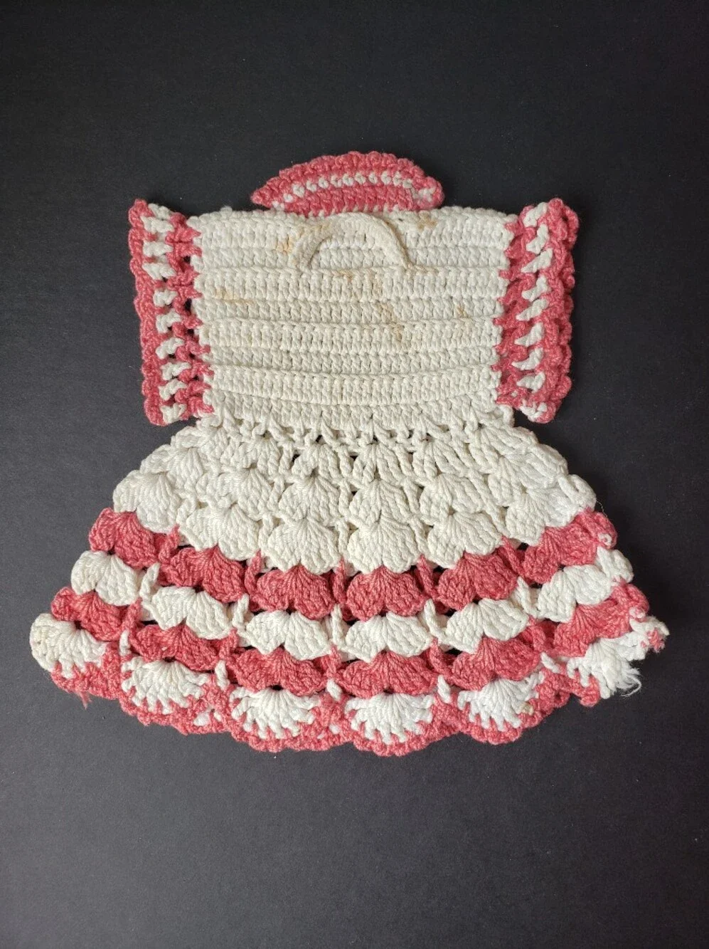 Vintage 1950's Handmade Crochet Pink and Cream Decorative Potholder Ovenmit